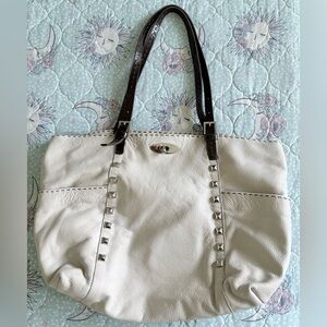 Carla Mancini Vintage Handcrafted Made in USA Cream/Brown Strap Studded Tote Bag